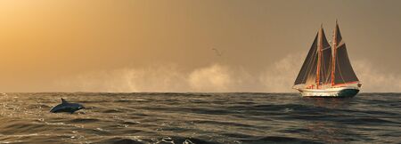 3d illustration, sailboat sailing in the seaの写真素材