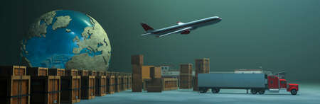 3d illustration, boxes in a warehouse and vehicles dedicated to transportの写真素材