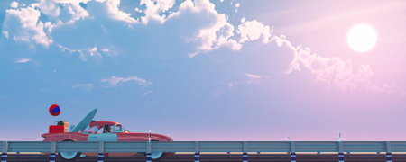 3d illustration of car loaded with suitcases between wheat fields