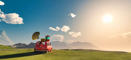 3d illustration of car loaded with suitcases between wheat fieldsの写真素材