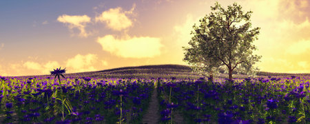 3d illustration of a lonely tree in a cultivated field