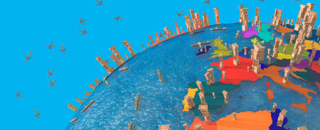 3d illustration of earth globe, boxes and planes, transportation concept