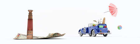3d illustration of car loaded with suitcases for tourismの写真素材