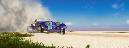 3d illustration of woman driving a convertible on the beachの写真素材