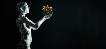 3d illustration, bionic woman offering a bouquet of flowers