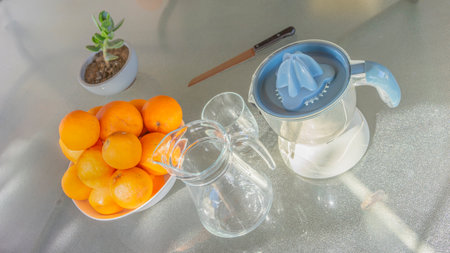 Homemade Refreshment Prep: Oranges with Juicer and Glasses on Kitchen Tableの写真素材
