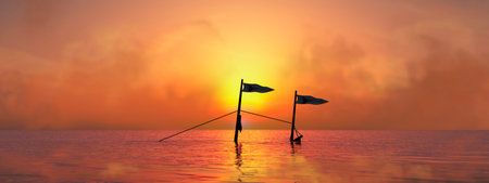 Serene Sunset Over Ocean with Silhouetted Flags and Pole Half-Submerged in Water