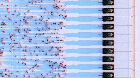 Aerial View of Military Tanks and Marching Soldiers in a Patterned Formationの写真素材