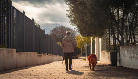 Tranquil Walk: Elderly Person and Loyal Dog Enjoying a Peaceful Morningの写真素材