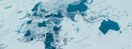 Transcontinental Air Traffic Over a Monochrome World Map Highlighting Major Flight Pathsの写真素材