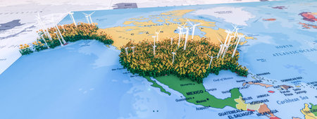Renewable Energy Concept with Wind Turbines Amidst Floral Bloom on North American Map