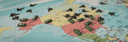 Artistic Representation of Military Jets and Tanks on North American Map