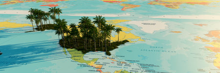 Surreal Tropical Palm Trees Over a Map of the North Atlantic Ocean