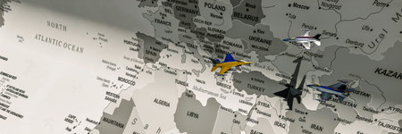 Trio of Fighter Jets on Strategic Display Over a Monochromatic Map of Western Europe and North...