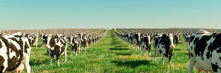 Endless Herd: Infinite Rows of Black and White Cows in a Lush Pasture
