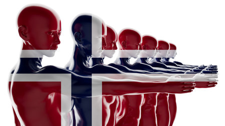 Line of human figures merging with the flag of Norway, representing solidarity and national spirit.
