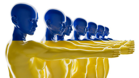 Ethereal line of human silhouettes set against Ukraine's flag huesの写真素材