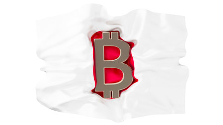 The Bitcoin symbol cast on a dynamic and draped representation of the Japanese flag.の写真素材