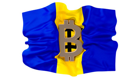 The vivid image features a bold Bitcoin symbol on the dynamic blue and yellow flag of Durban, highlighting the city's embrace of digital finance.の写真素材