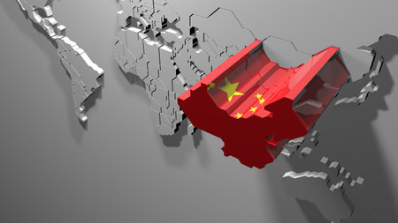 The image displays a 3D metallic world map with an extruded design, where China is accentuated by a vibrant overlay of its national flag.の写真素材