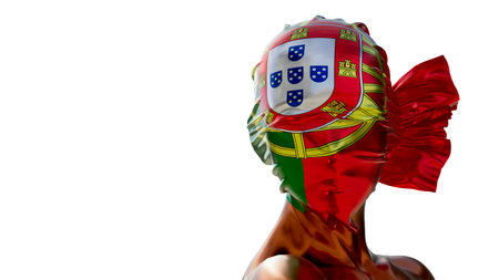 A regal depiction of the Portuguese flag, draped in folds that highlight its emblematic shield and vivid red and green colors.の写真素材