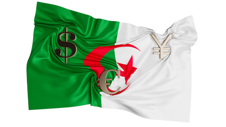The Algerian flag is seamlessly blended with key global currency symbols, underscoring Algeria financial aspirations.の写真素材
