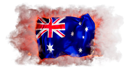The flag of Australia, with its Union Jack and stars, is strikingly portrayed amidst a dramatic haze...