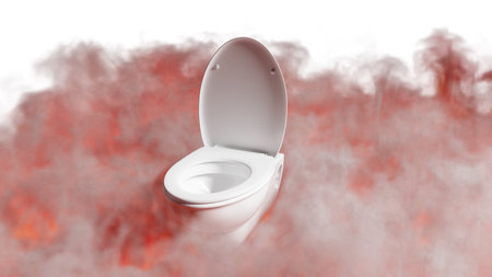 A toilet emerges from a dramatic cloud of red smoke, creating a bold visual statementの写真素材