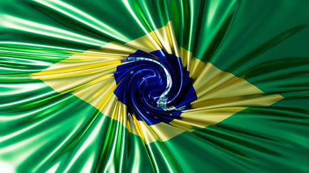 Interpretative swirl of the Brazilian flag in green and gold with central blue globe.の写真素材