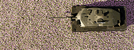A solitary tank disrupts a sea of delicate pink blossoms in a striking juxtaposition