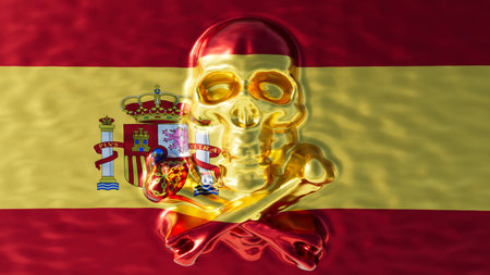A mesmerizing golden skull overlaying the rich red and yellow hues of Spain's flag, complete with the national coat of armsの写真素材