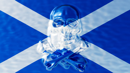 Ice-like skull superimposed on Scotland flag, merging tradition with a modern twistの写真素材
