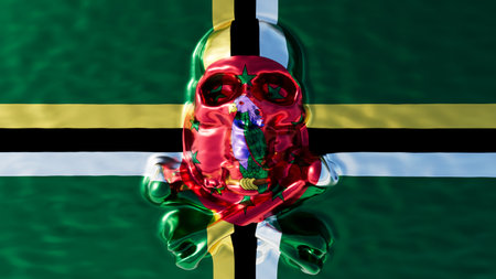 Dominica lush natural beauty and Sisserou Parrot, emblematic of the island, are reflected in a water droplet over the flag.の写真素材