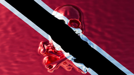 The bold black diagonal of Trinidad and Tobagos flag intersects a lustrous red field and a pure white band, all through a prism of water.の写真素材