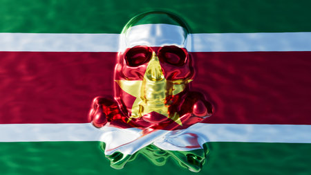 Surinames flag with its distinctive five-pointed star floats atop a glossy water reflection, symbolizing guidance and unity.の写真素材
