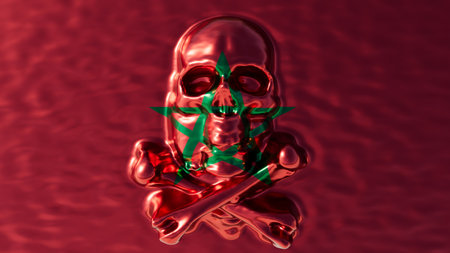 This digital image presents a striking crimson skull overlaid with a green Moroccan star, symbolizing the rich heritage and artistic spirit of Morocco.の写真素材