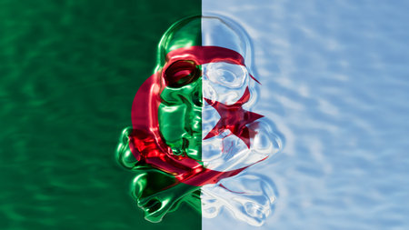 A unique artistic digital image presenting a glossy skull in red and green against a serene Djibouti...