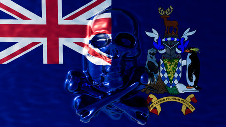 A chilling blue skull overlays the Union Jack and Coat of Arms, representing South Georgia and the South Sandwich Islands.の写真素材