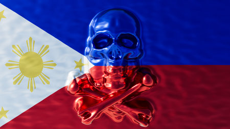 The Philippines flag graced with a sapphire and ruby skull, resonating with the sun rays and three stars symbolism.の写真素材