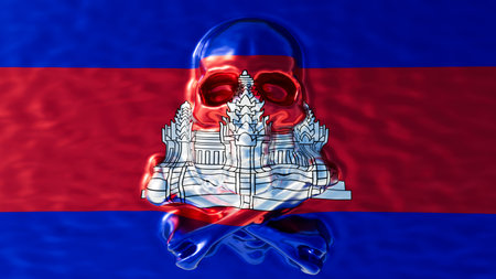 Ruby red skull merges with the sapphire blue of Cambodia's flag, embracing the silhouette of the iconic Angkor Wat temple.の写真素材