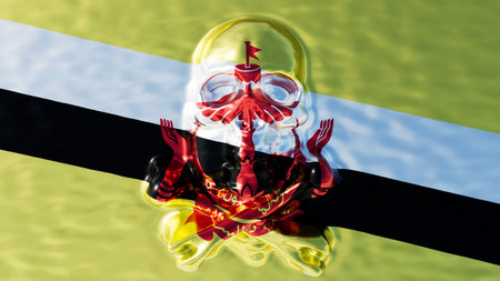 A golden skull emerges over Brunei flag, aligning with the national emblem and its bold black and...