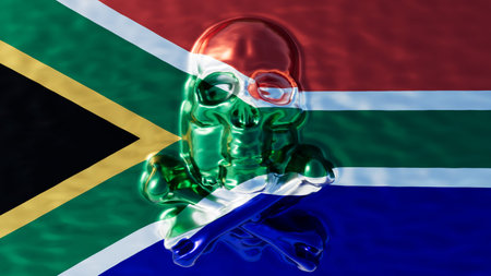 An emerald-tinted skull harmoniously merges with the iconic Y-shaped layout on the diverse colors of South Africa flag.の写真素材