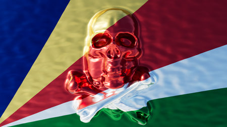 A red skull art piece emerges over the distinctive diagonal stripes of the Seychelles flag, blending art with national pride.の写真素材