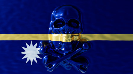 An artistic representation blending a glossy blue skull with the deep blue and yellow flag of Nauru, accented by a radiant white star.の写真素材
