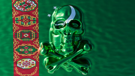 Artistic blend of a luminous green metallic skull with Turkmenistan intricate flag pattern, exuding cultural richness and modern creativity.の写真素材