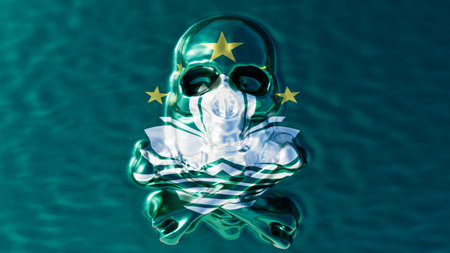 Artistic representation featuring a jade skull seamlessly melding into the flag of Macao, accented by a harmonious array of golden stars.の写真素材