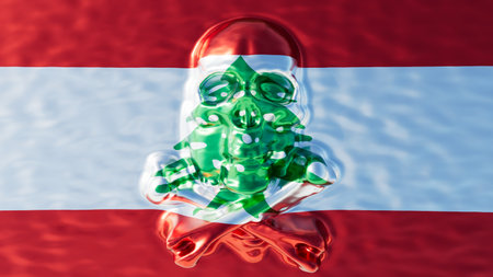 An intriguing fusion of a translucent emerald skull seamlessly blending with the iconic red, white, and green of Lebanon's flag, crowned by the national cedar tree.の写真素材