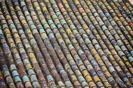 Texture and pattern of weathered shingles on a roof. Horizontal shot.の写真素材