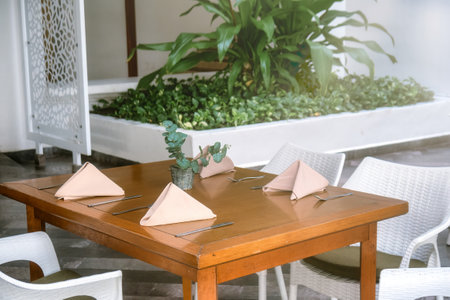 Buffet table with napkins and cutleryの写真素材