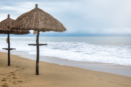 Background landscape with umbrella of palm leaves on the beachの写真素材
